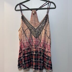 Pilcro Peach and Pink Checkered Top